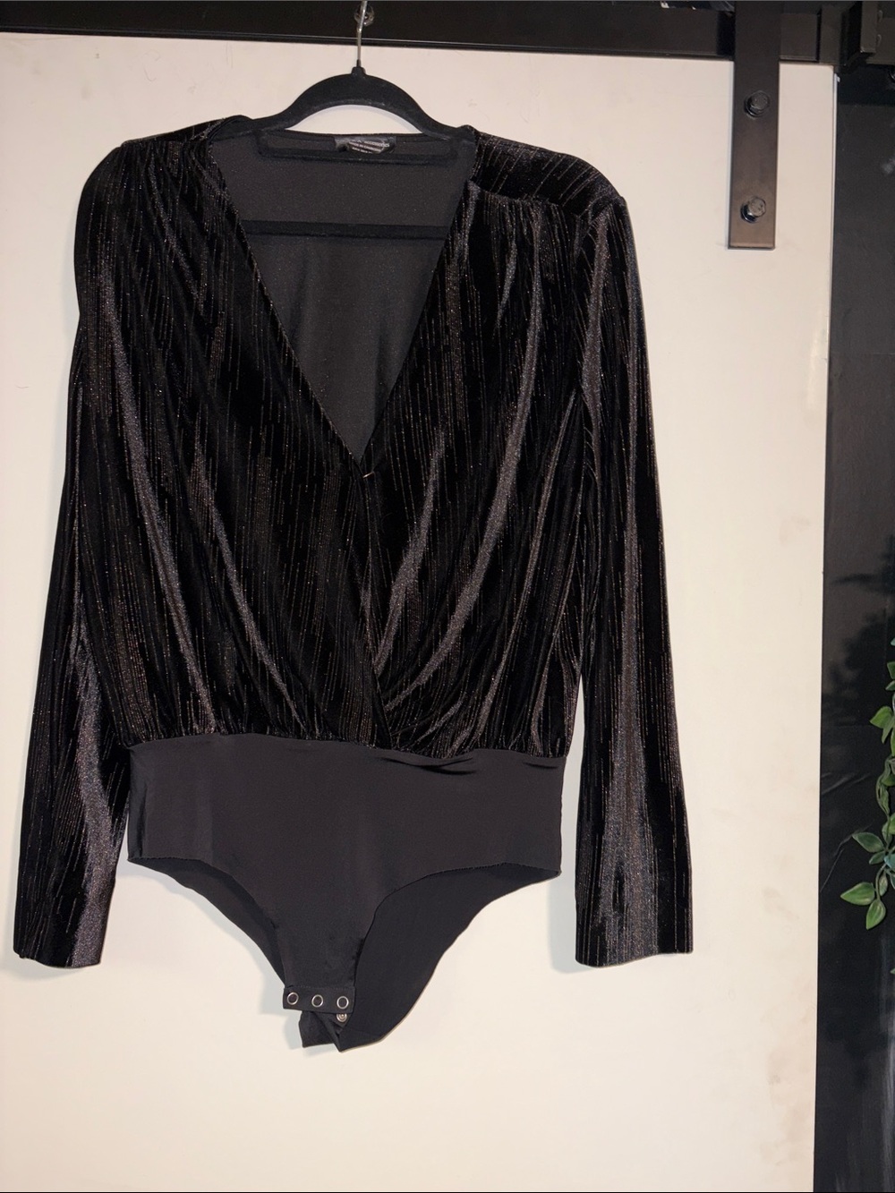 Zara Black Velvet Surplice Long-Sleeve Bodysuit